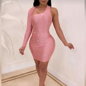 Rhinestone Studded Mini Pink Dress Bodycon